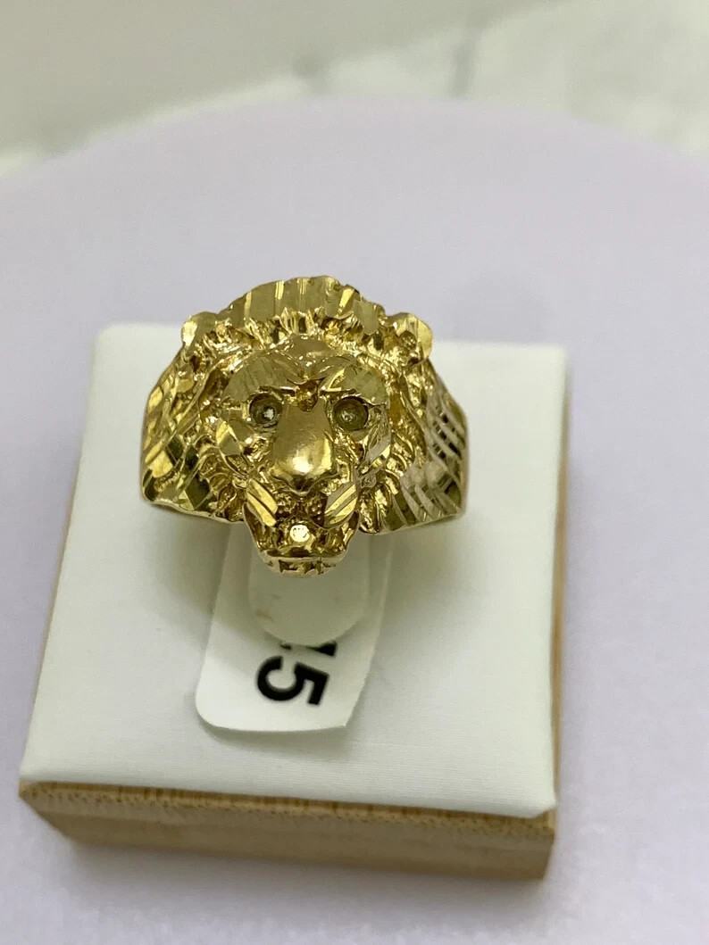 Mens Real Gold 10K Solid Yellow Gold Lion Face With 10 Karat Ring Mens  Jewelry