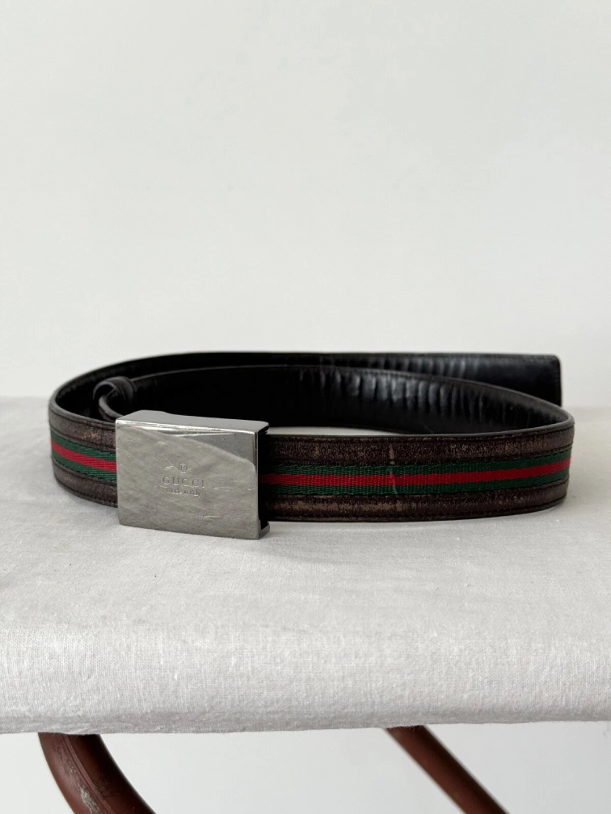 Ceinture homme cuir toile logo boucle Gucci vintage années 00