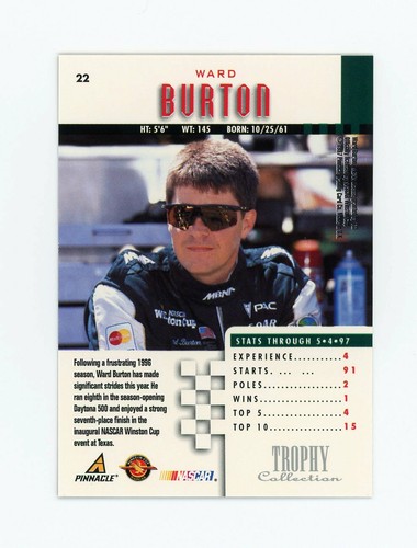 Ward Burton 1997 Pinnacle Trophy Collection Dufex Gold Foil Parallel Insert #22 - Picture 2 of 2