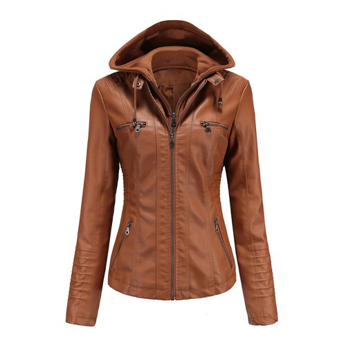 Drawstring Hooded leather jacket two-piece leather coat women's coat large - Picture 5 of 89