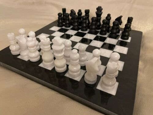 12" Black Marble Chess Table Top with Pieces Semiprecious Handmade Gift for Him - Picture 1 of 5
