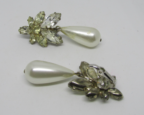 Vintage Large Crown Trifari Rinestone and Faux Pearl Teardrop Clip-on Earrings - Picture 5 of 5