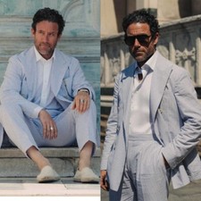 Summer Soft Casual Blue Striped Seersucker Men Suits Leisure Beach Tuxedos Pants