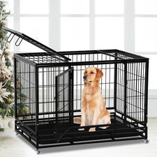 48" Heavy Metal Dog Cage Large Dog Crate w/ Plastic Tray Double Doors  Wheels