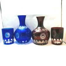 Edo Kiriko Japanese glass Sake Cup Made in Japan Blue Red Pair Jug Bottle Japan