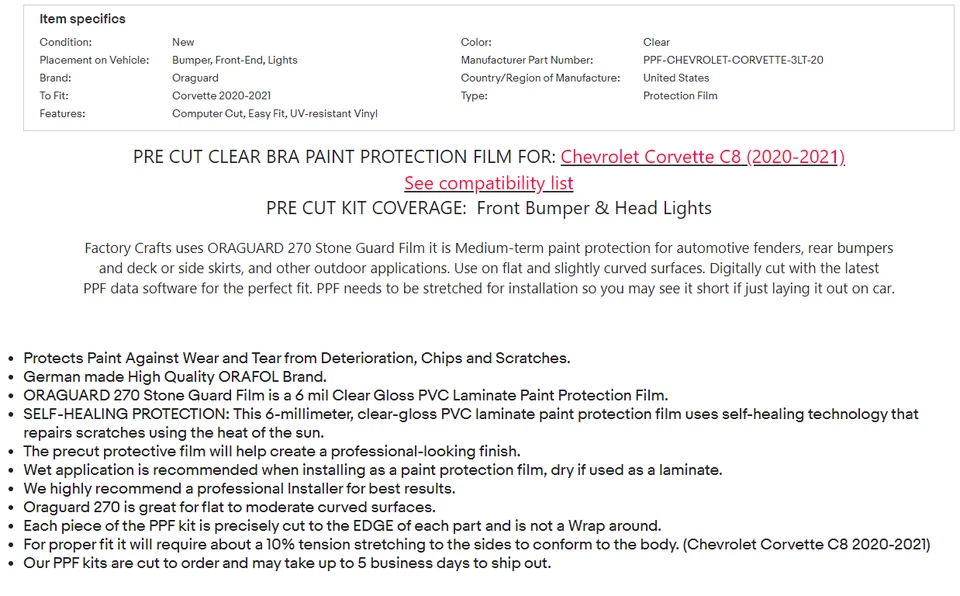 Stone Guard Paint Protection Film Clear Bra PPF For Corvette C8 20-21 FBLK - Image 4 of 4