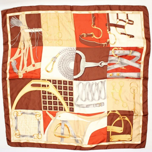 NWOT Longchamp Womens Silk Scarf Equestrian Print Brown Orange Gold Italy 34"