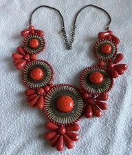 Zad Neptune Treasure Coral Red & Gold Tone Statement Bib Necklace