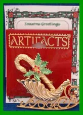 Christmas PIN #0092 Artifacts Sleigh-Candy Cane Goldtone-Red-Green Enamel Holly