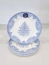 Brand New Royal Stafford Blue Christmas Tree Salad Plates 8.4in  Made in England
