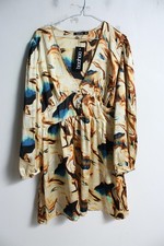 Boohoo Womens Marble Print V Neck Smock dress - Brown - Size 14 NEW (b14)