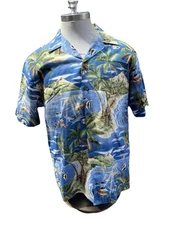RJC Button Up Tropical Hawaiian Shirt Mens Large Sea Life Islands Hrs Palm Trees