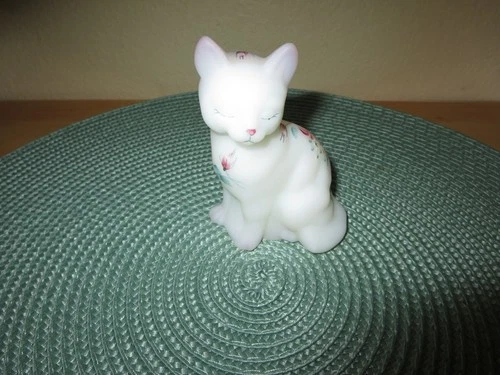 Fenton White Satin Glass Hand Painted Cat Figurine Floral Closed Eyes Signed
