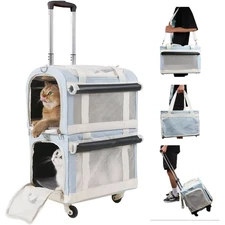 Wheeled Double Cat Carrier & Pet Stroller, 3-In-1 Removable Trolley Bag for Smal