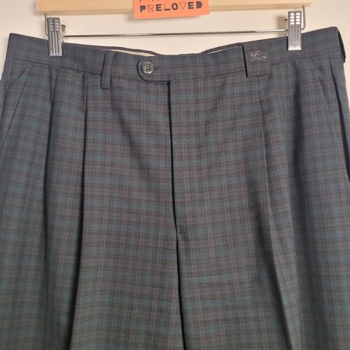 Burberrys Trousers 42 Vintage Navy Green Wool Blend Tailored Logo W34in L31.5in - Picture 6 of 12