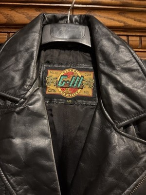 G-III Global Identity Men's Black Leather Biker Jacket Zip Buckle Pockets Belted
