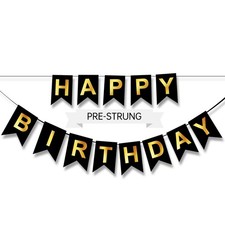 Happy Birthday Banner,Pre-Strung Black and Gold Party Decorations 16ft Pr