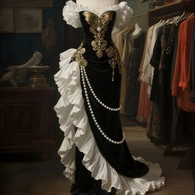 Historical Black White Evening Dresses Ruffles Gold Lace Appliques Party Gowns