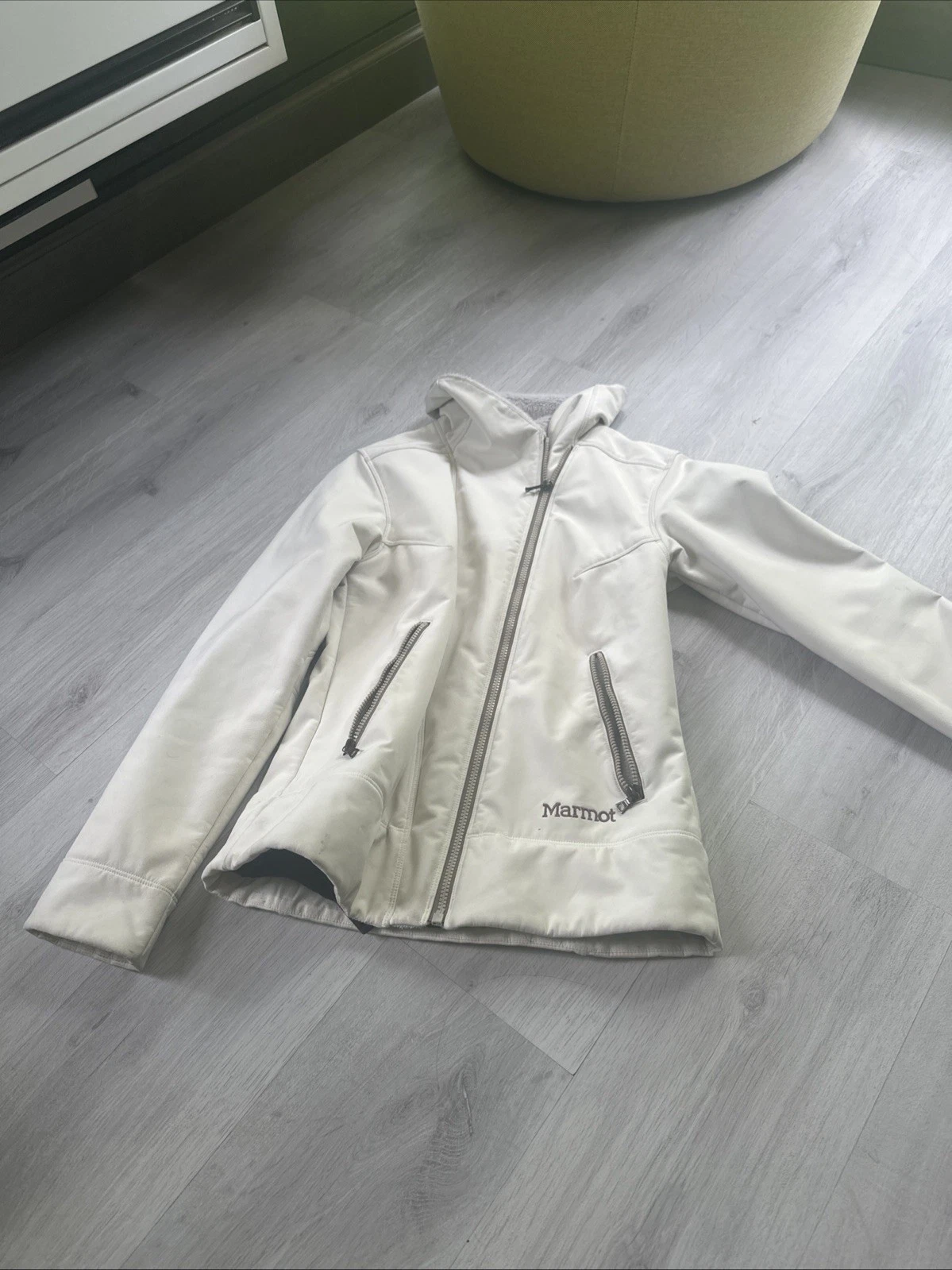 OFF WHITE Giacca donna Marmot Davos bianco sporco tortora cappuccio pelliccia sintetica taglia S