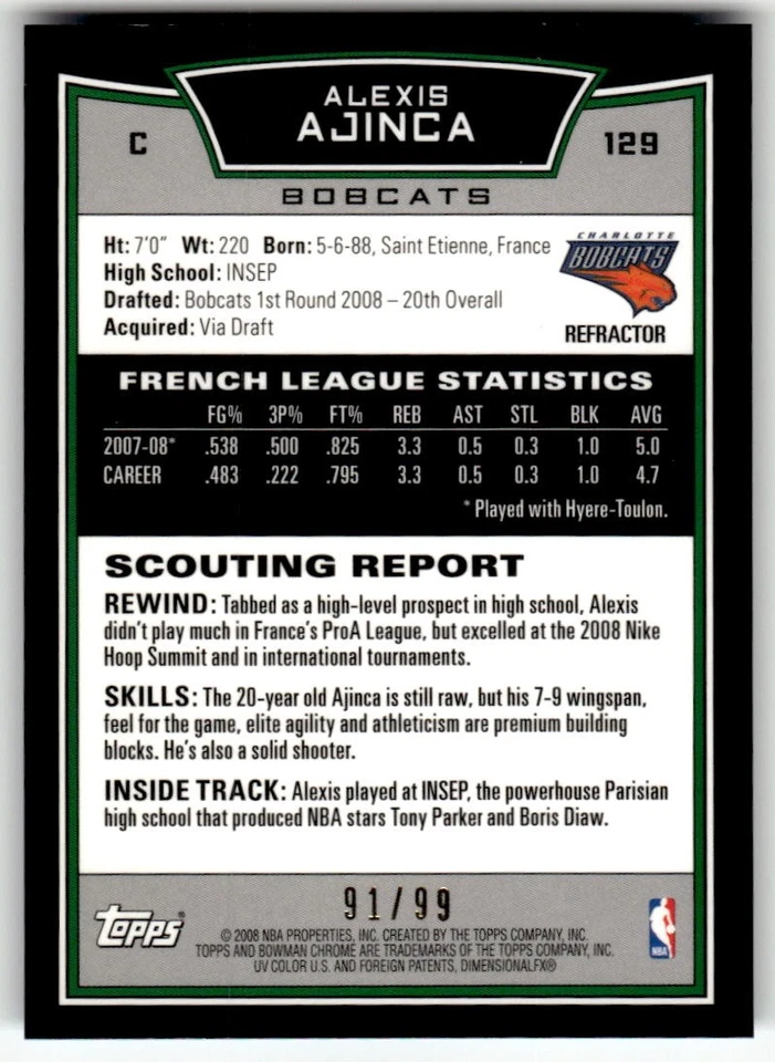 2008-09 Bowman Alexis Ajinca Chrome Refractors Blue #/99 Rookie #129 - Image 2 of 2