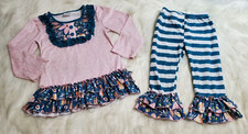 Girls Size Medium Top Pants Ruffle Pink Blue Long Sleeve Set P-12