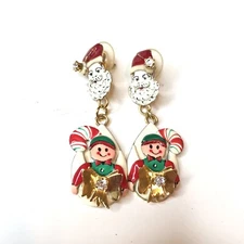 Lunch At The Ritz Santa Elf Candy Cane Enamel Dangle Post Earrings