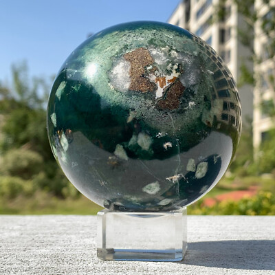 1.58LB Natural Water Grass Agate Ball Quartz Crystal Healing Decor Reiki+stand