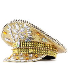 Unisex Glitter Sequin Rhinestone Rivet Captain Hat Party Festival Club Cap