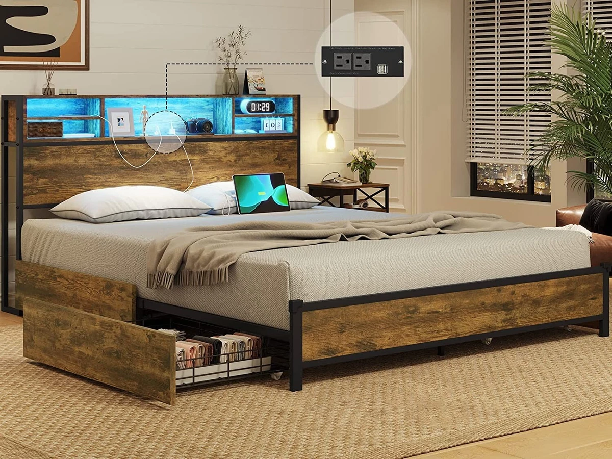Queen Size Bed Frame with LED Lights Headboard 4 Drawers Metal