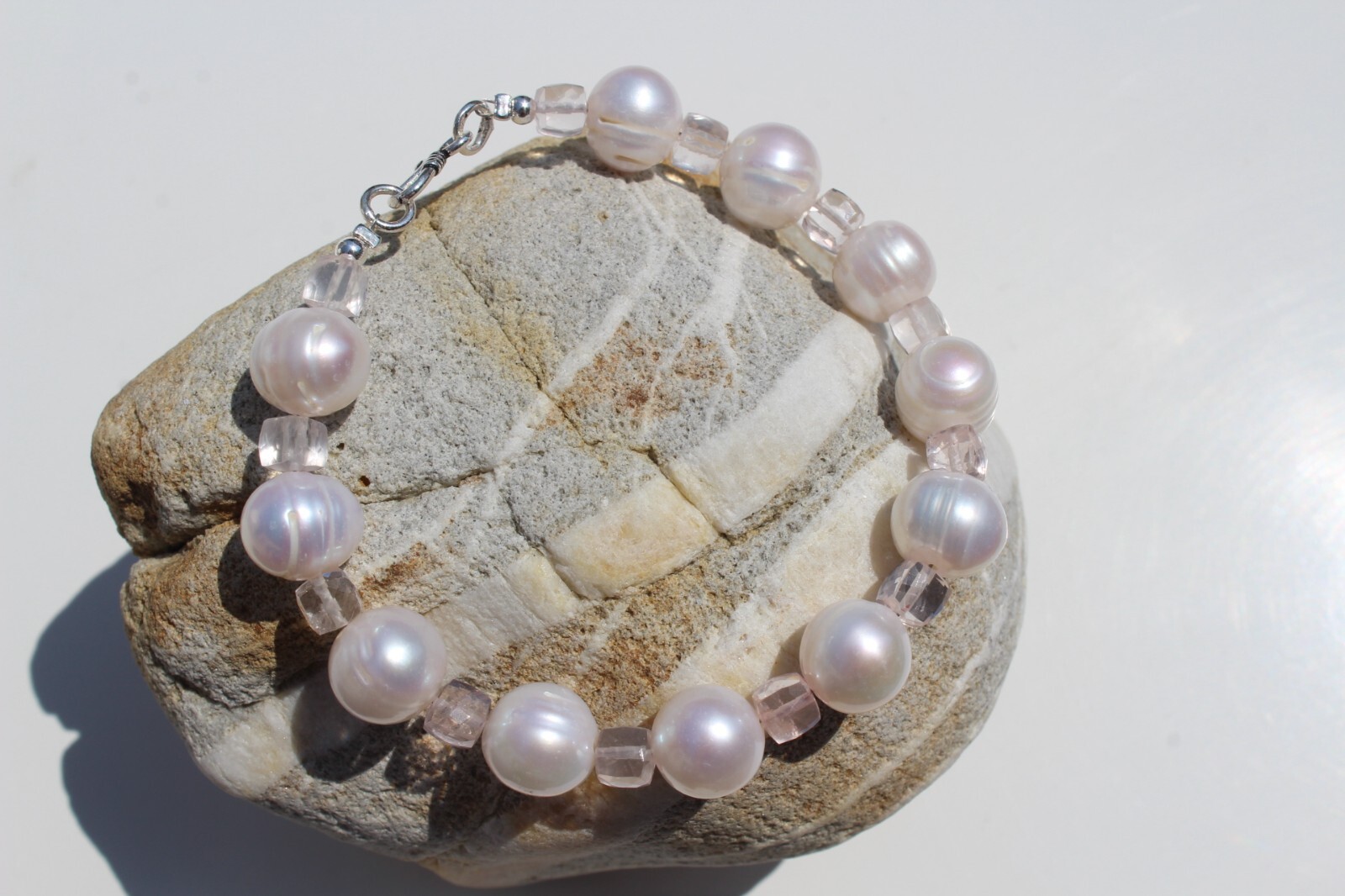 Bracelet en pierre précieuse quartz rose et argent 925 luxe