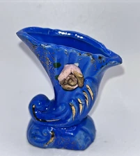 Vintage Blue Ceramic Pottery Vase Cornucopia Horn with Rose Japan Gold Accents