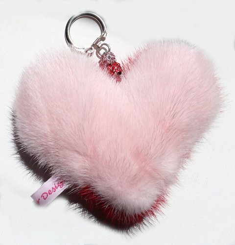 Fur Pendant Mink Heart Key Bag Jewelry EF Design Beads Rhinestones Pink Red - Picture 3 of 5