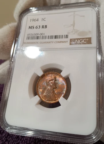 1964 Lincoln Cent, from a BU roll, NGC MS-63 Red-Brown, with copper ore toning