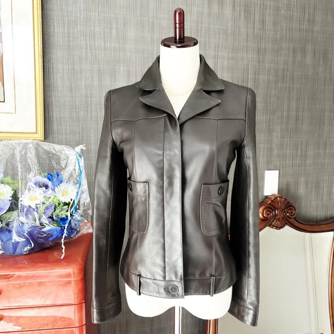 Giacca motociclista CHANEL marrone scuro cavaliere blouson pelle taglia 36 Made in France