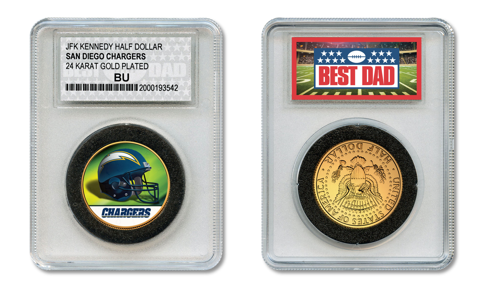 SAN DIEGO CHARGERS NFL *GREATEST DAD* JFK 24KT Gold Clad Coin SPECIAL LTD. CASE