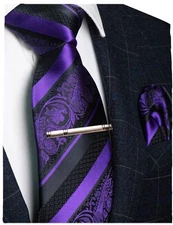 Purple Floral Tie Silk Necktie and Pocket Square Hankerchef Tie Clip Sets for...