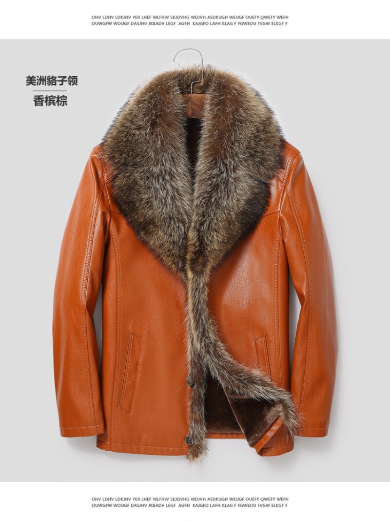 For Men Leather Jacket Long Neck Jacket Mens Real Raccoon Fur