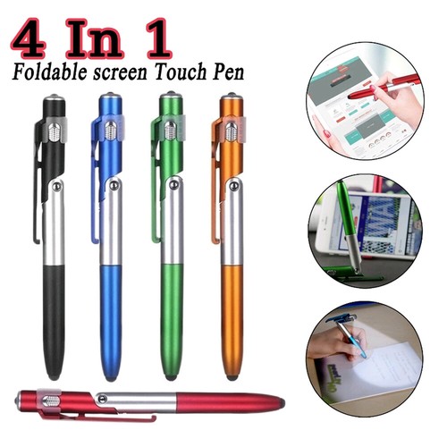 4 in 1 Multi-functional LED Light Screen Stylus Touch Ballpoint Pen Black Pen