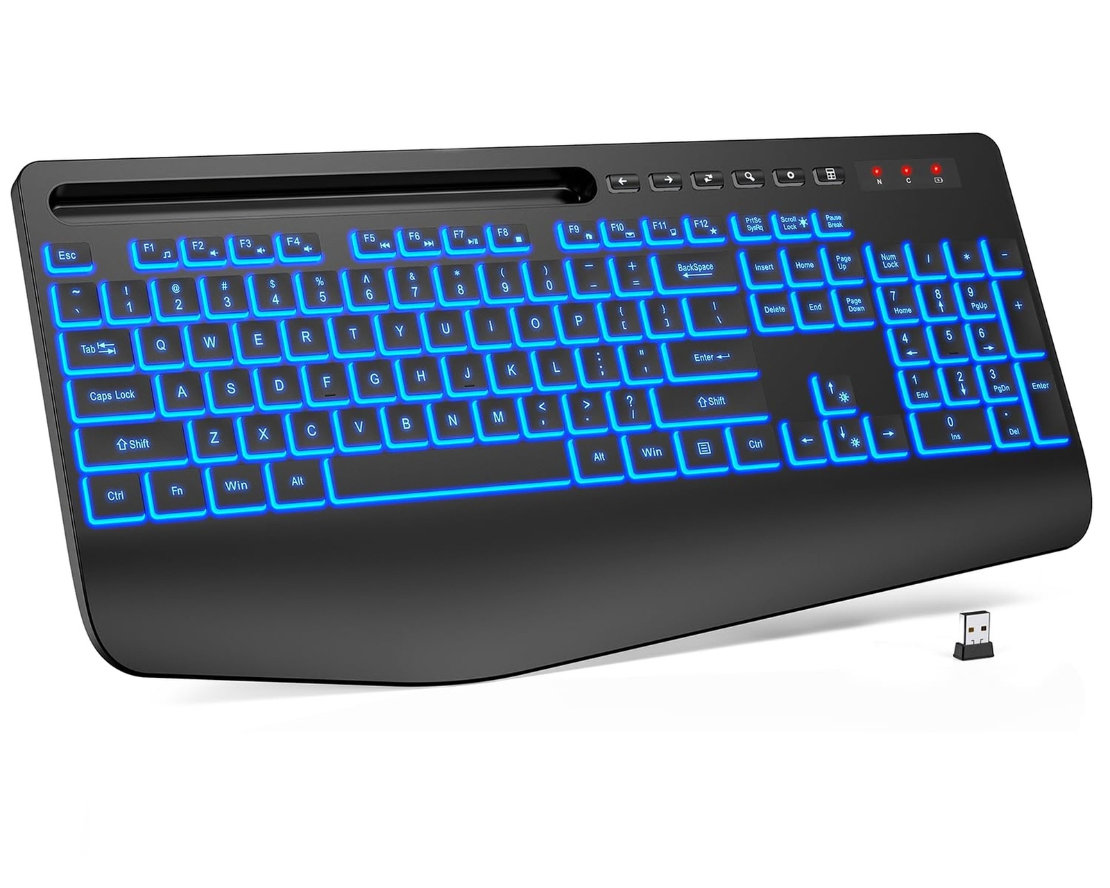 Wireless Keyboard with RGB Backlight Wrist Rest Phone Holder Rechargeable for PC Mac Laptop