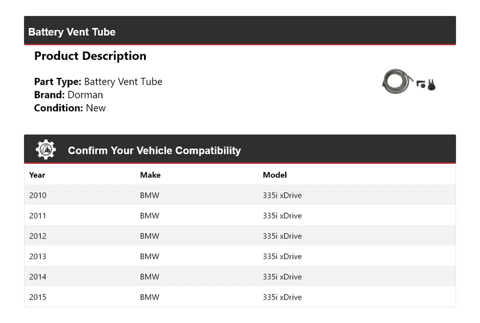 Tubo de ventilación de batería Dorman para BMW 335i xDrive 2010-2015 2011 2012 2013 2014 Foto 2 de 4