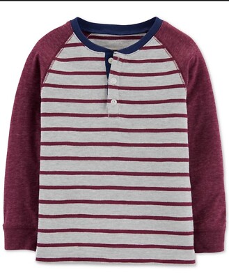 NWOT Carter s Boy's Striped Henley T-Shirt Maroon/Grey Size 8