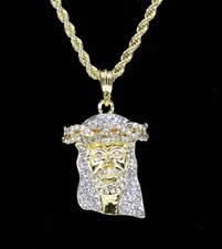14k Gold Plated Jesus Piece Cz Pendant 24" Rope Chain Hip Hop Necklace