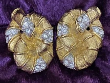 CINDY ADAMS Knot Earrings Massive Heavy Gold Tone Rhinestone Signed Vtg Clip On