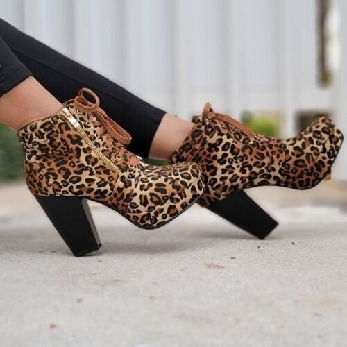 Women's Suede Lace-Up Chunky Block High Heel Ankle Boots Leopard (Size 6)