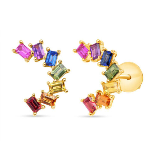 14K Yellow Gold 1.40 CT Multicolor Sapphires Stud Earrings - Picture 1 of 5