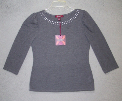 MADISON Top Womens Small Gray Knit 3/4 Sleeve Beaded Neck Casual Fashion Ladies