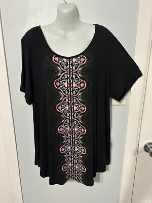 NWT JM Collection Black Floral & Paisley Multi Top with Short Sle   Plus Size 2X