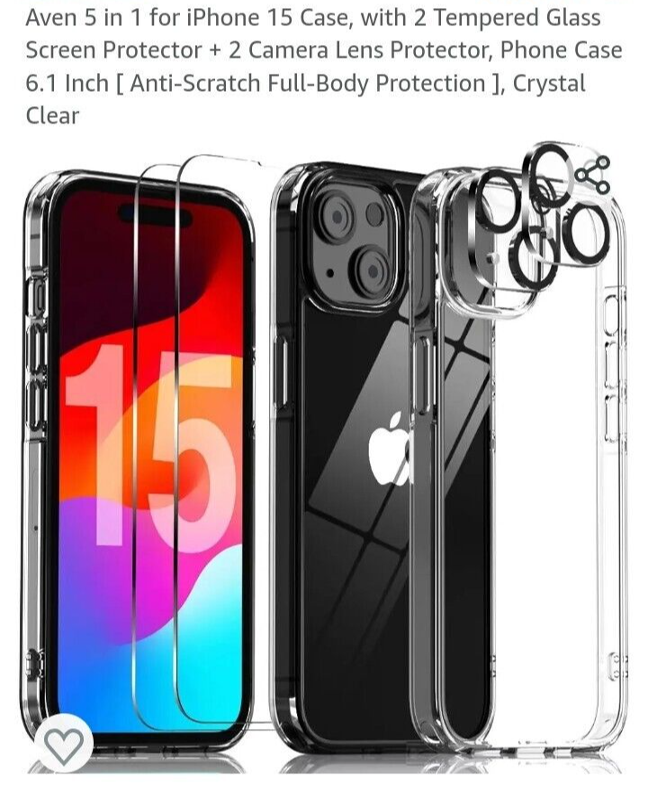 5 in 1 for iPhone 15 Case, with 2 Tempered Glass Screen Protector + 2 Camera Len-image