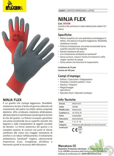 12 PA GUANTI LAVORO NINJA FLEX NYLON LATTICE ROSSO/GRIGIO TG.10 RISCHI