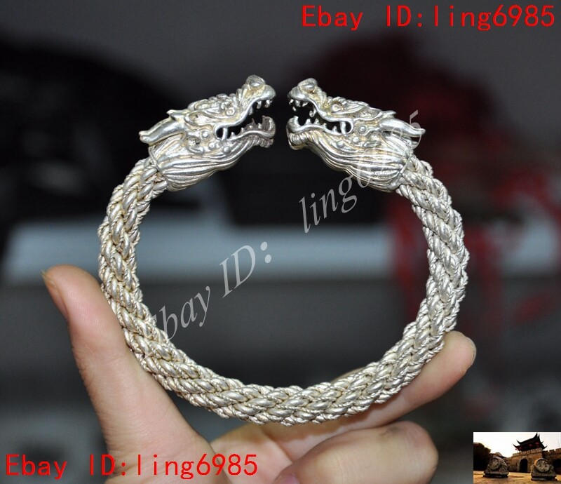 \"Dual Dragon Bracelet with Dragon Orb\"辰年 Collector Rare Piece Antique Chinese Vermeil Silver Gemstone